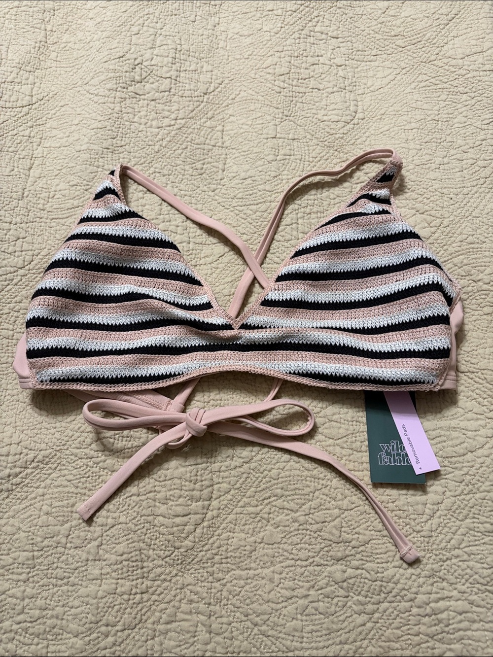 Striped beige Triangle Bikini Top with Tie Back (size m: 8-10)